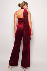 Scarf Top Glitter Velvet Jumpsuit in Burgundy king-general-store-5710.myshopify.com