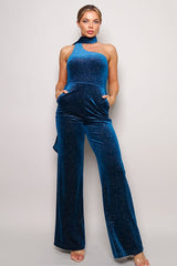 Scarf Top Glitter Velvet Jumpsuit in Teal king-general-store-5710.myshopify.com