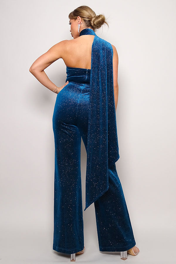 Scarf Top Glitter Velvet Jumpsuit in Teal king-general-store-5710.myshopify.com