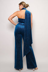 Scarf Top Glitter Velvet Jumpsuit in Teal king-general-store-5710.myshopify.com