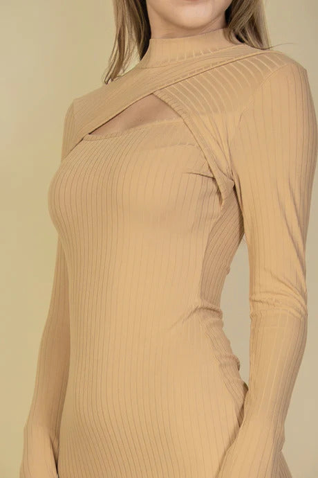 Ribbed Cut Out Front Long Sleeve Bodycon Mini Dress king-general-store-5710.myshopify.com