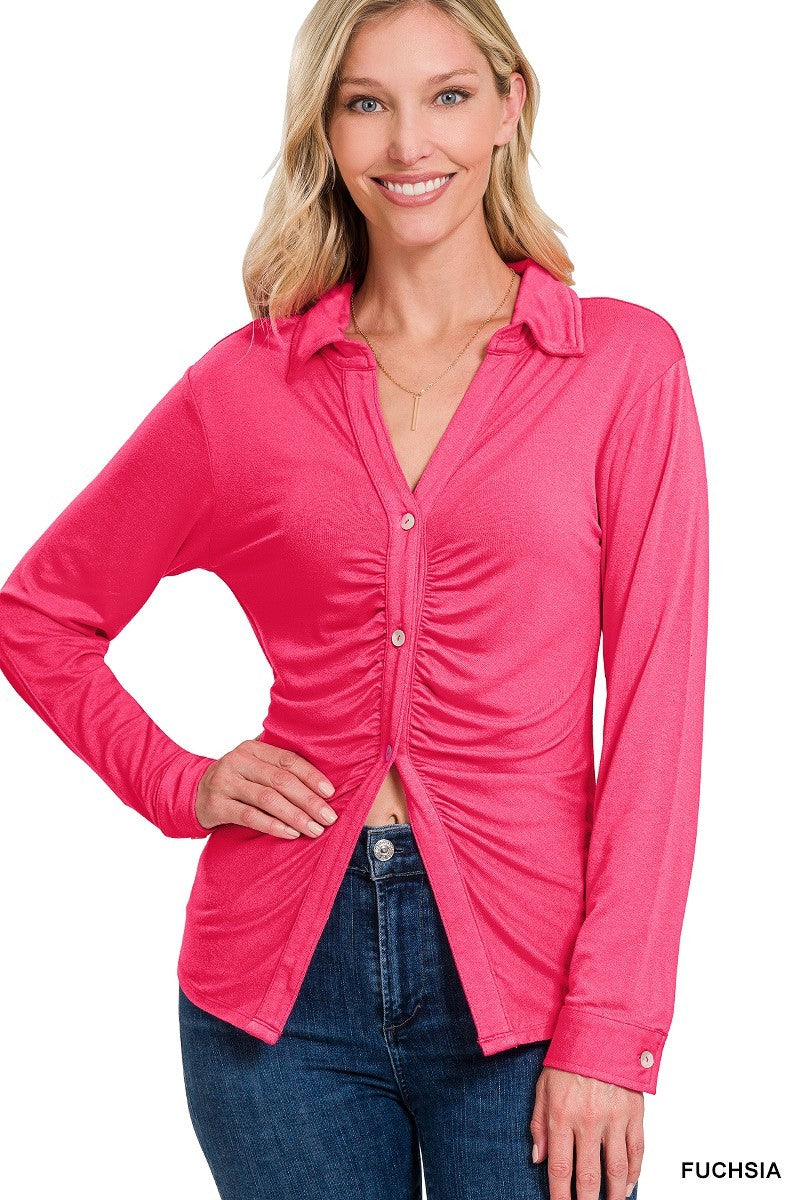 Stretchy Button Down Ruched Shirt king-general-store-5710.myshopify.com