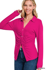 Stretchy Button Down Ruched Shirt king-general-store-5710.myshopify.com