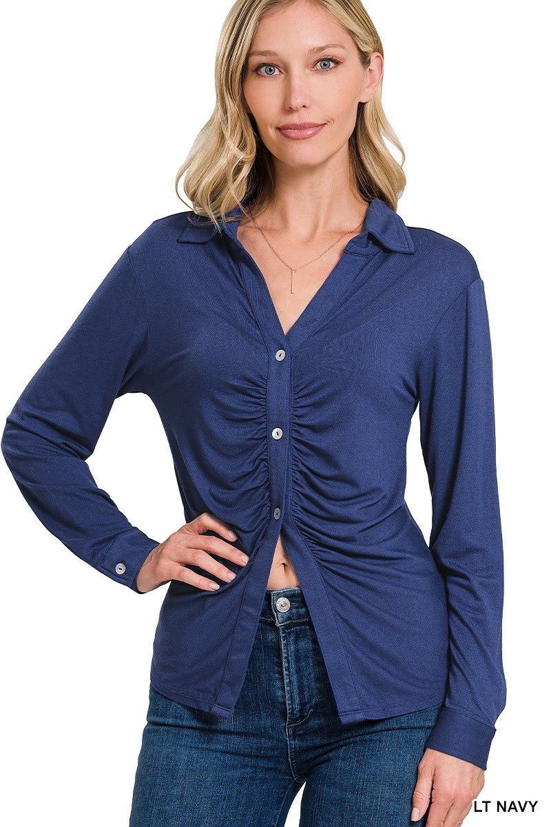 Stretchy Button Down Ruched Shirt king-general-store-5710.myshopify.com