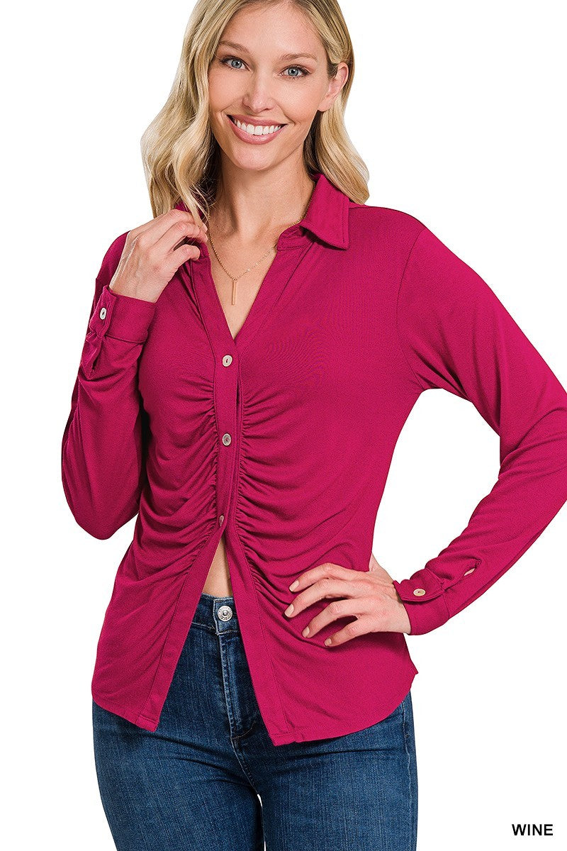 Stretchy Button Down Ruched Shirt king-general-store-5710.myshopify.com