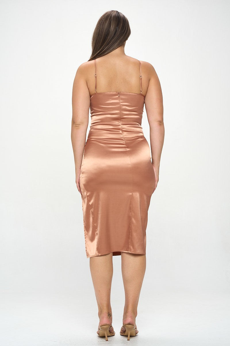 Plus Solid Satin Front Knot Bodycon Midi Dress king-general-store-5710.myshopify.com