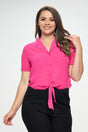 Fuchsia Plus Solid Chiffon Button Down Tie Front Short Sleeve Top king-general-store-5710.myshopify.com