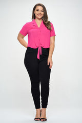 Fuchsia Plus Solid Chiffon Button Down Tie Front Short Sleeve Top king-general-store-5710.myshopify.com