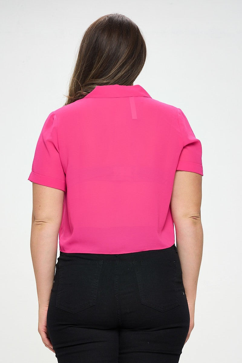 Fuchsia Plus Solid Chiffon Button Down Tie Front Short Sleeve Top king-general-store-5710.myshopify.com