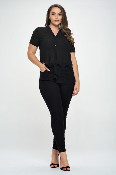 Black Plus Solid Chiffon Button Down Tie Front Short Sleeve Top king-general-store-5710.myshopify.com