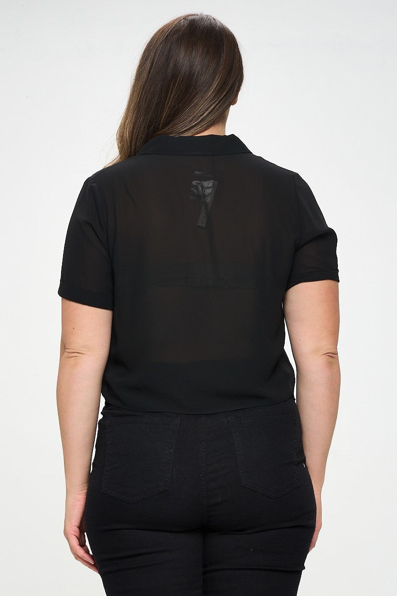 Black Plus Solid Chiffon Button Down Tie Front Short Sleeve Top king-general-store-5710.myshopify.com