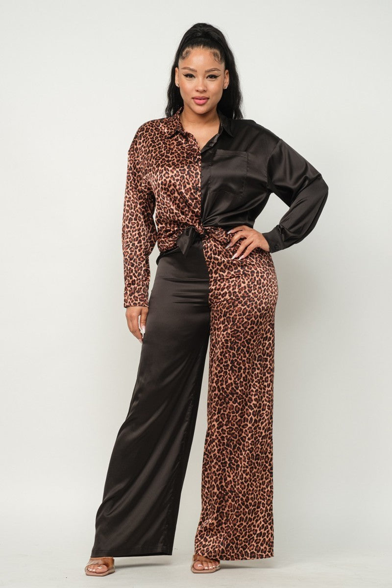 Half Animal Print And Half Solid Top And Pants Set king-general-store-5710.myshopify.com