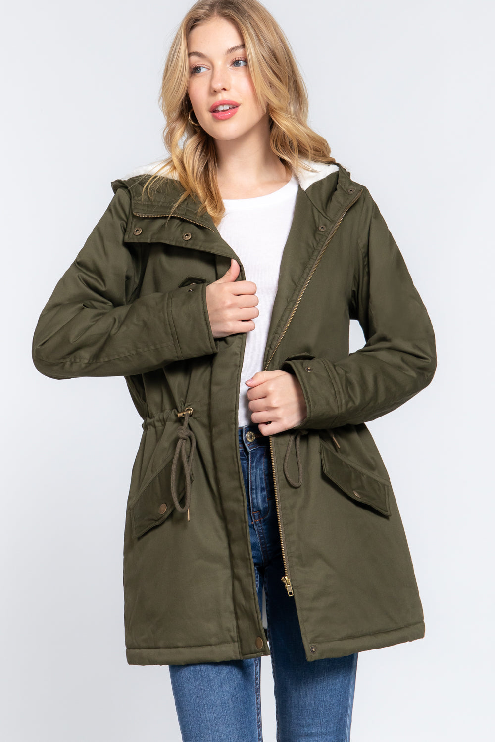 Olive Fleece Lined Fur Hoodie Utility Jacket king-general-store-5710.myshopify.com