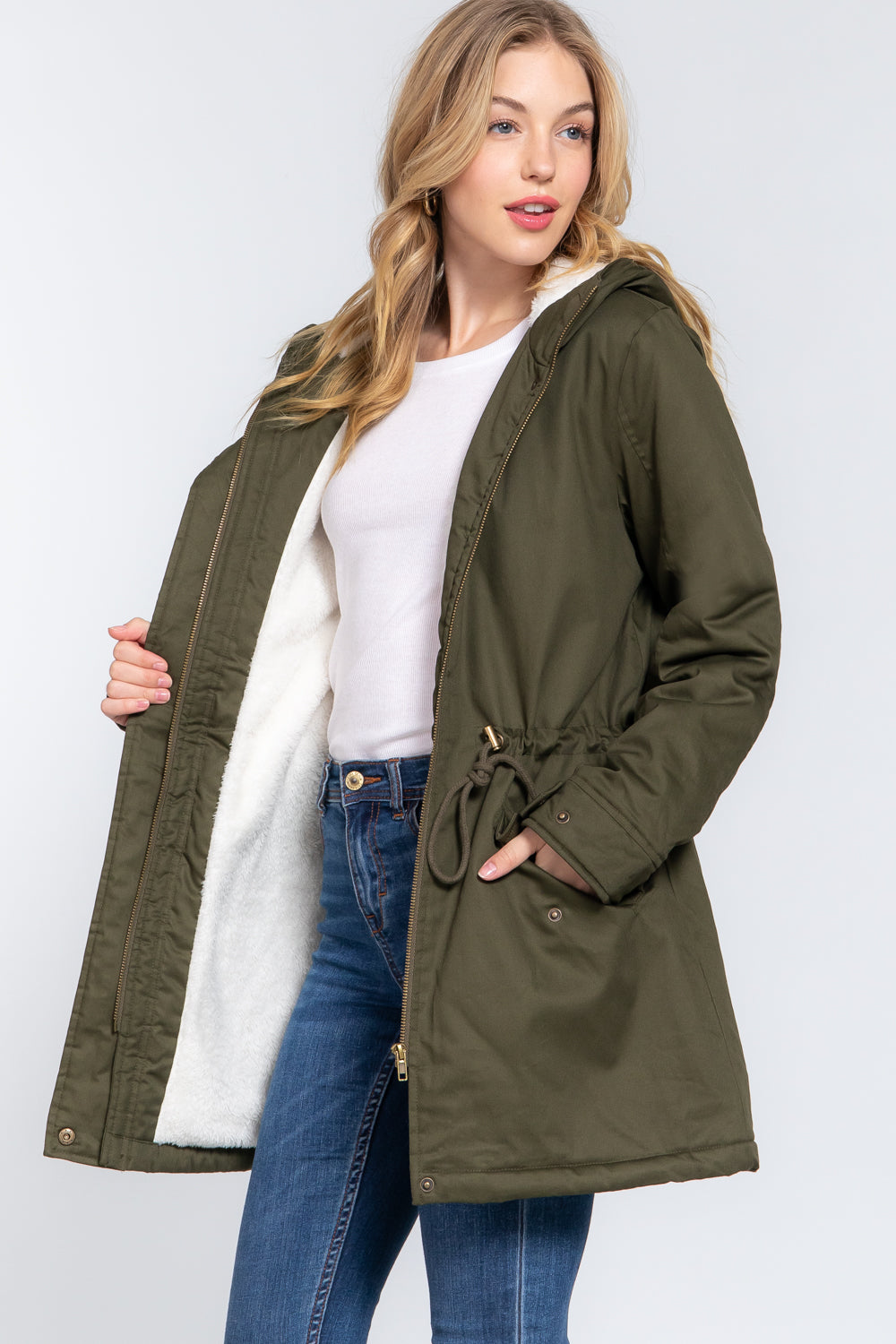 Olive Fleece Lined Fur Hoodie Utility Jacket king-general-store-5710.myshopify.com