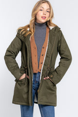 Olive Fleece Lined Fur Hoodie Utility Jacket king-general-store-5710.myshopify.com