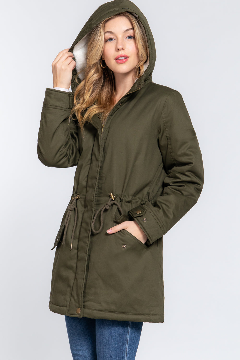 Olive Fleece Lined Fur Hoodie Utility Jacket king-general-store-5710.myshopify.com