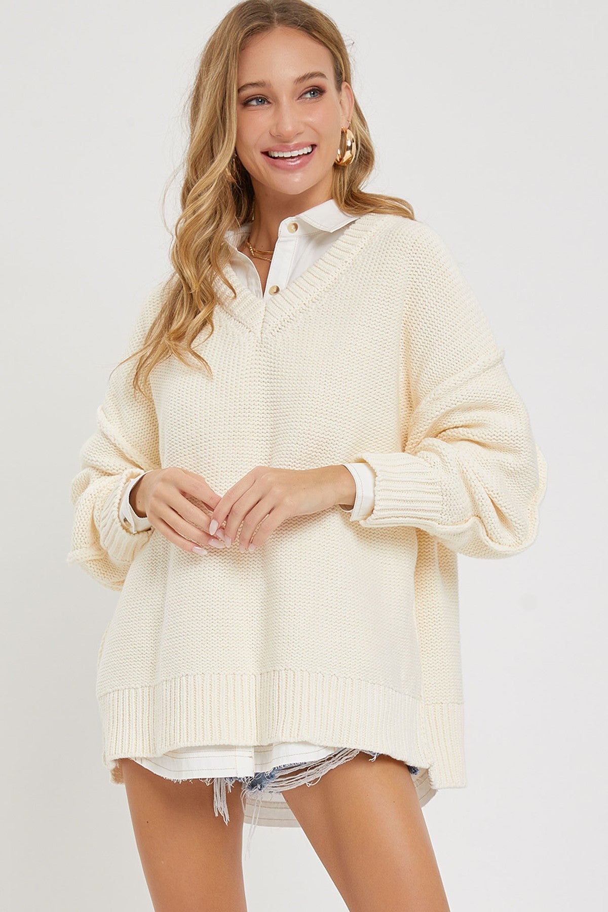 Cream V-Neck Oversized Sweater king-general-store-5710.myshopify.com