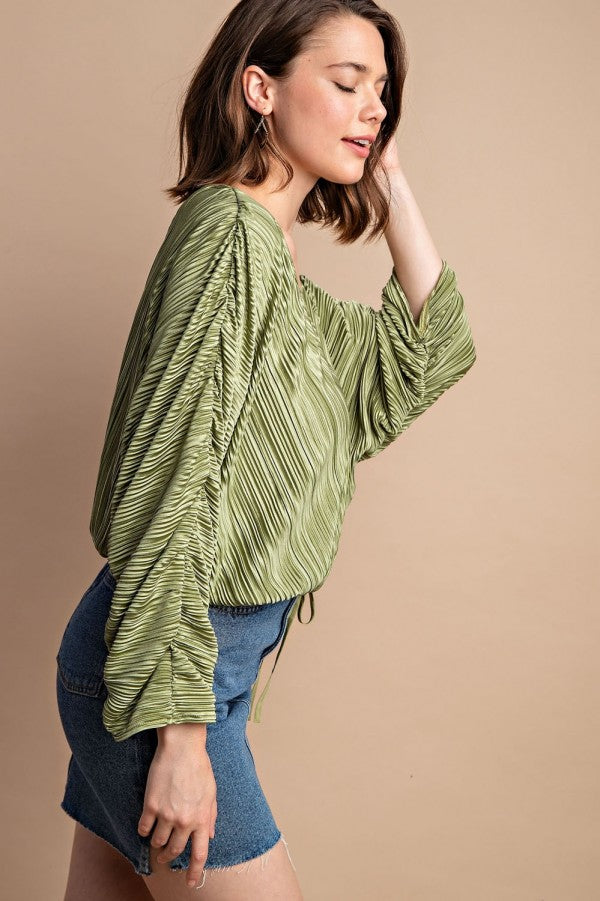 Satin Pleated Drawstring Top With Snap Button king-general-store-5710.myshopify.com