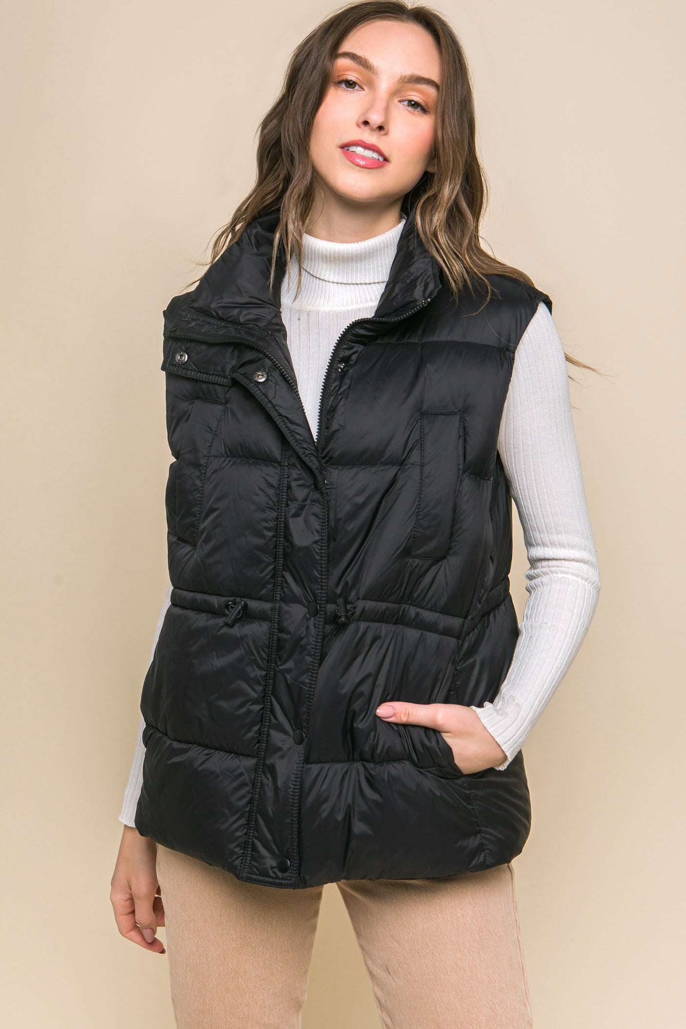 Zip Up Button Puffer Vest With Waist Toggles king-general-store-5710.myshopify.com