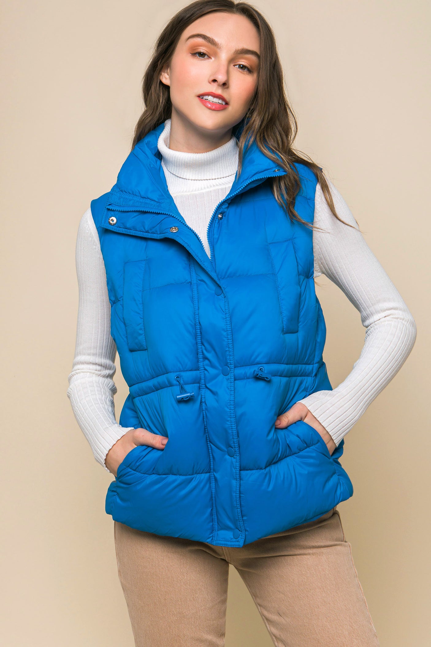 Zip Up Button Puffer Vest With Waist Toggles king-general-store-5710.myshopify.com