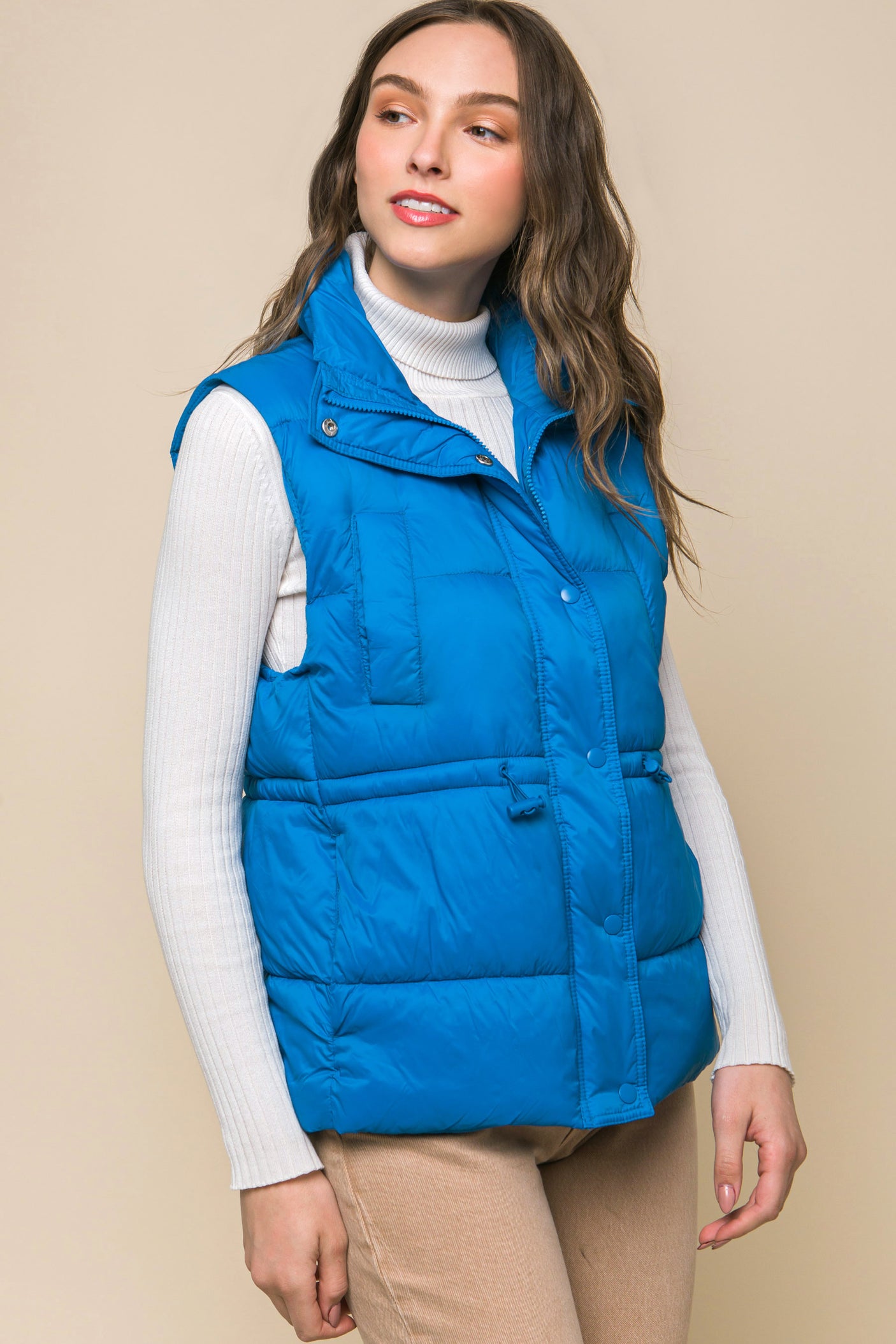 Zip Up Button Puffer Vest With Waist Toggles king-general-store-5710.myshopify.com