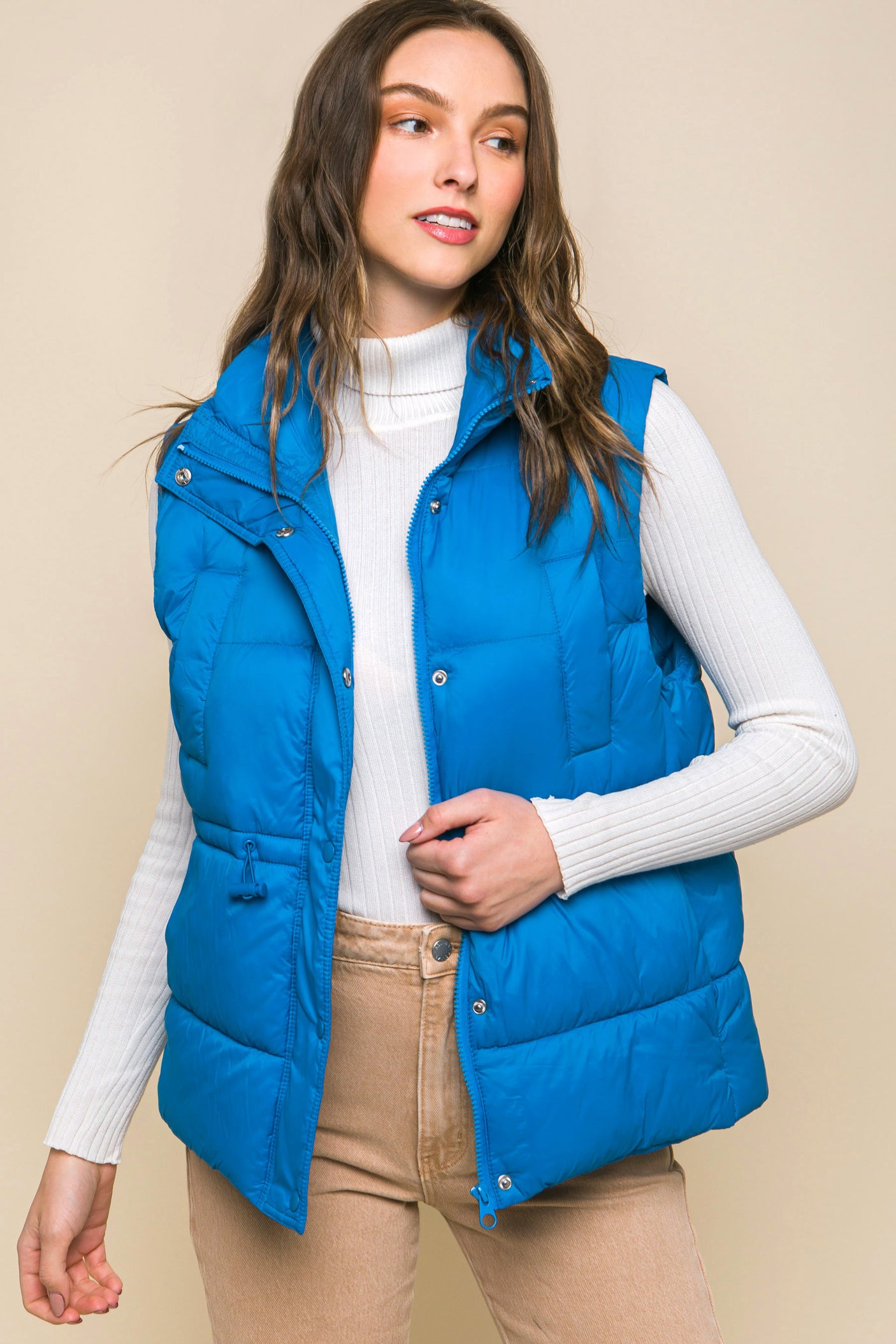 Zip Up Button Puffer Vest With Waist Toggles king-general-store-5710.myshopify.com