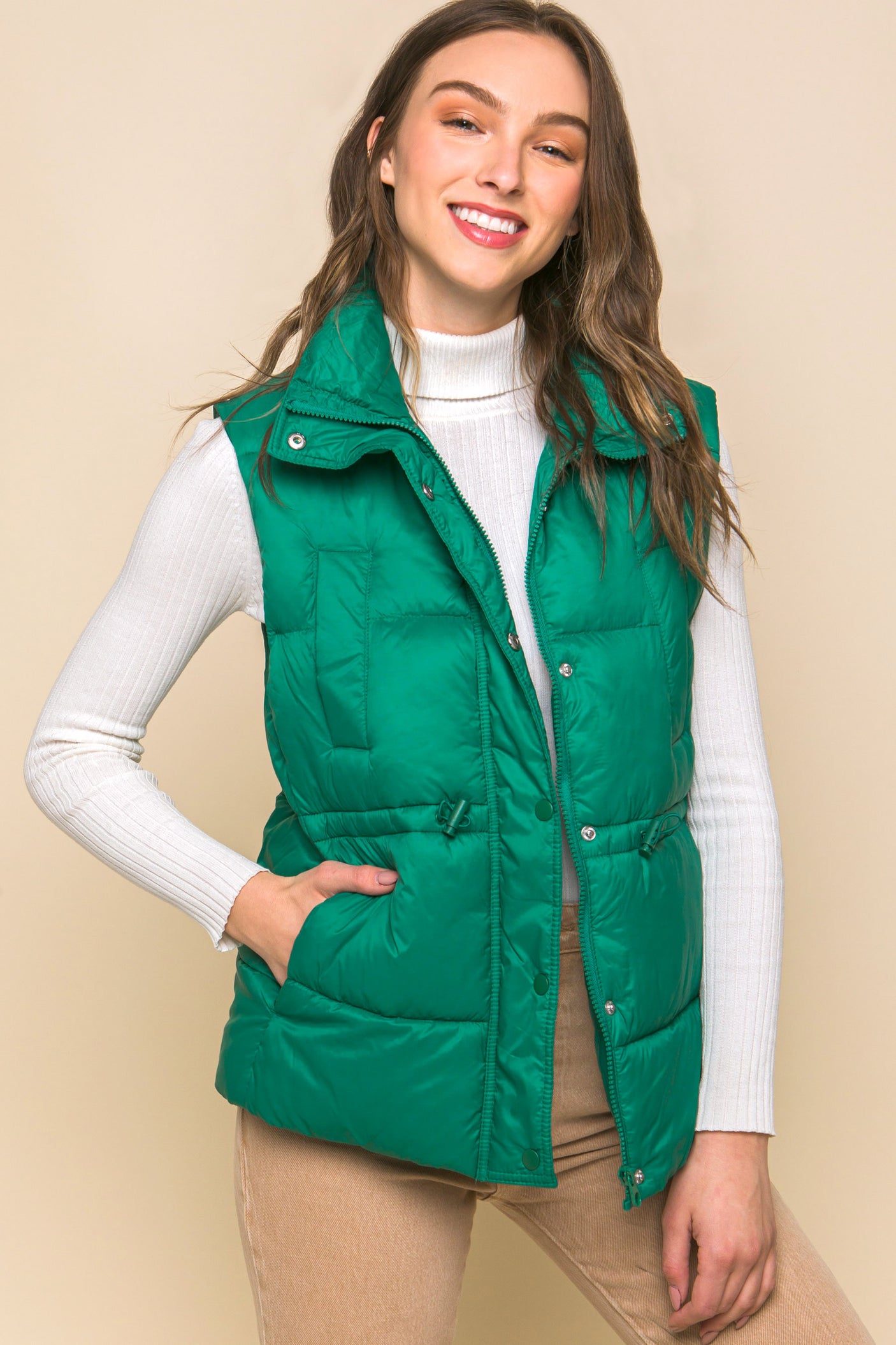 Zip Up Button Puffer Vest With Waist Toggles king-general-store-5710.myshopify.com