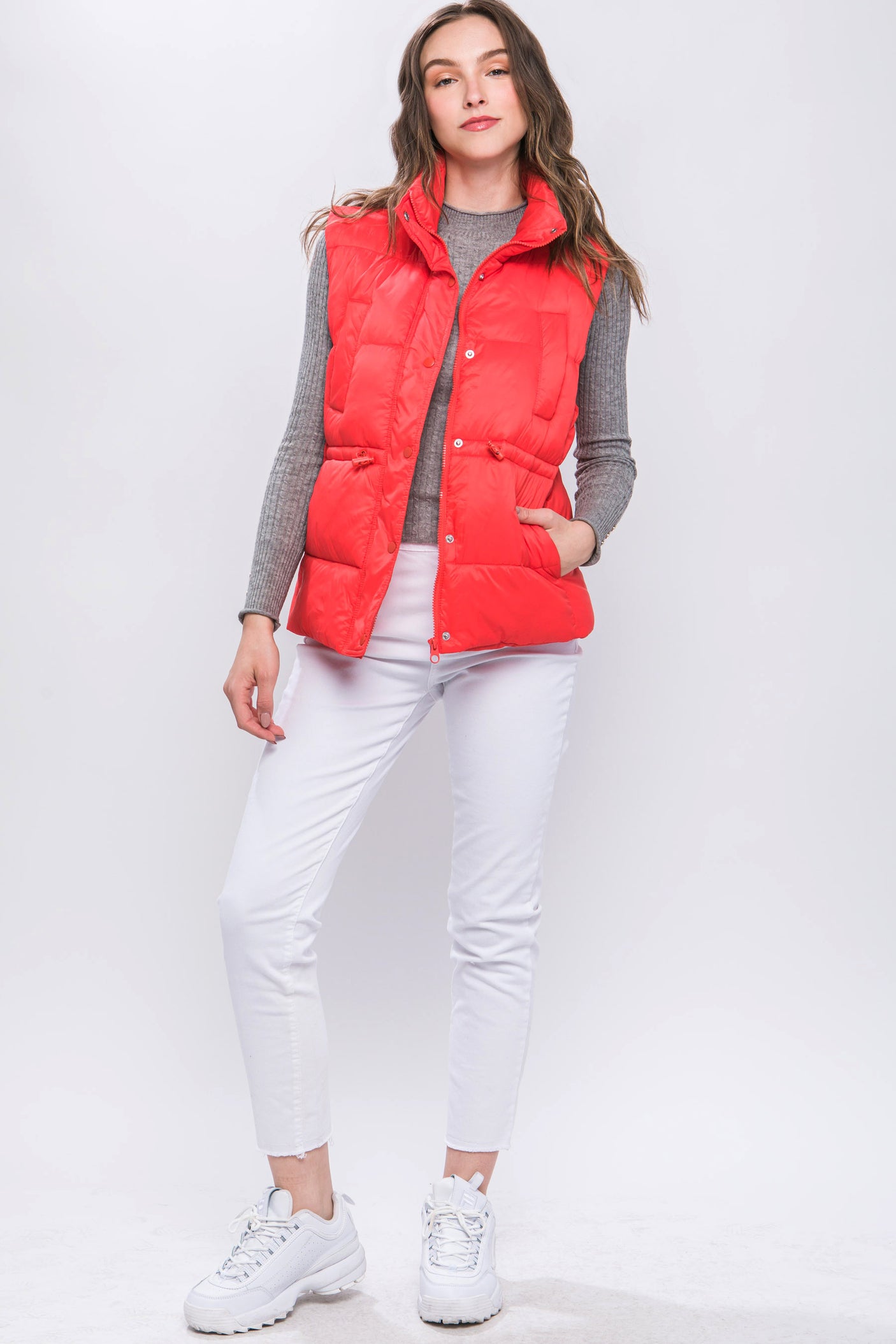 Zip Up Button Puffer Vest With Waist Toggles king-general-store-5710.myshopify.com