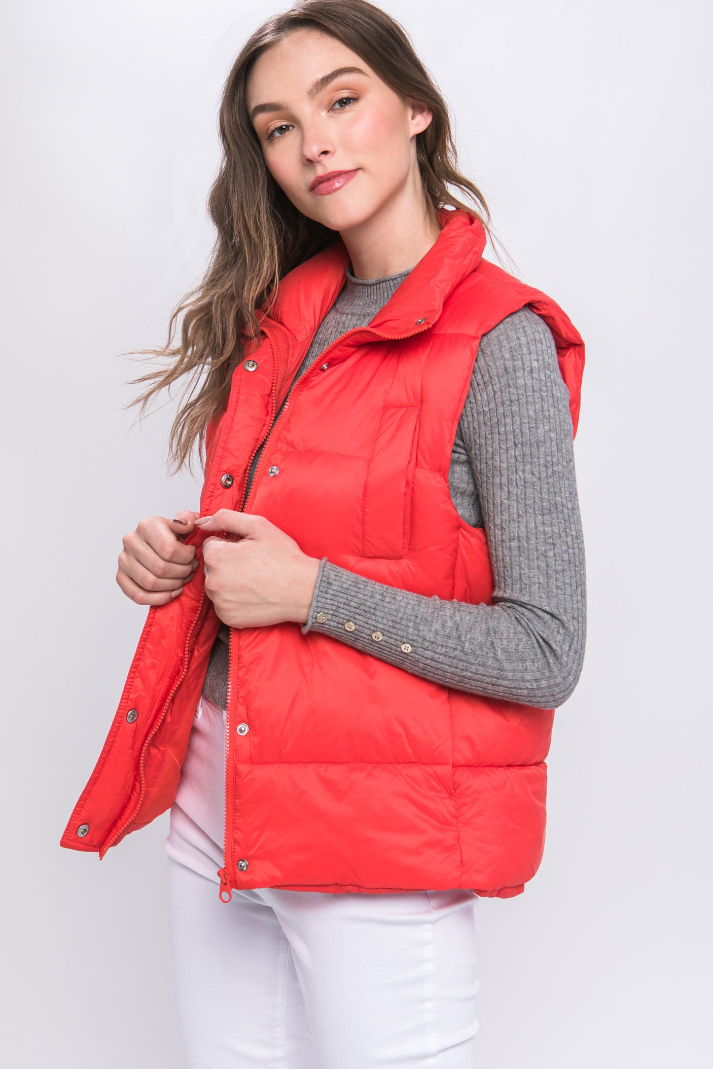 Zip Up Button Puffer Vest With Waist Toggles king-general-store-5710.myshopify.com