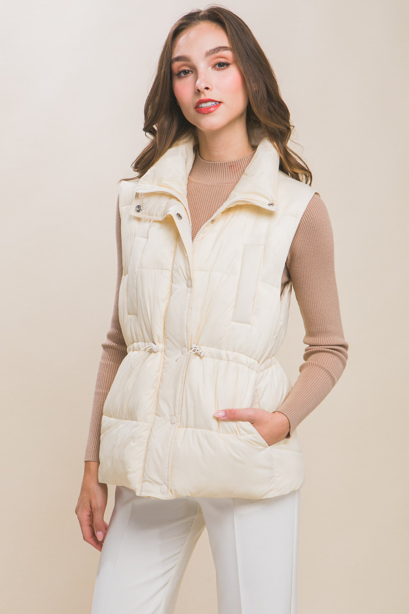 Zip Up Button Puffer Vest With Waist Toggles king-general-store-5710.myshopify.com