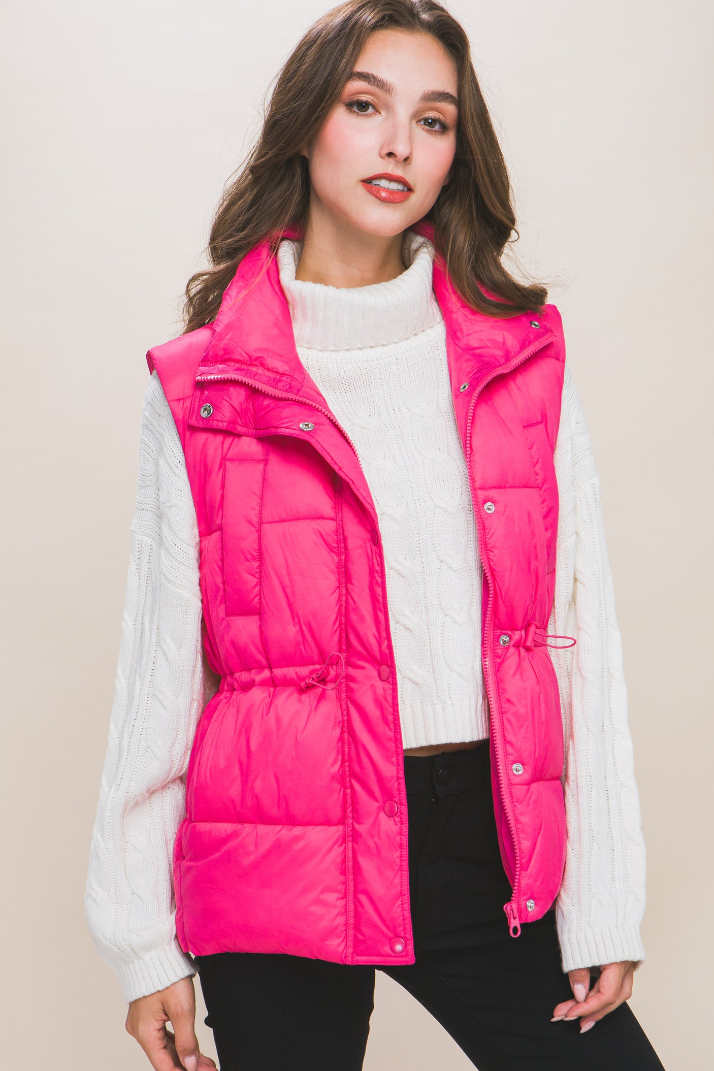 Zip Up Button Puffer Vest With Waist Toggles king-general-store-5710.myshopify.com