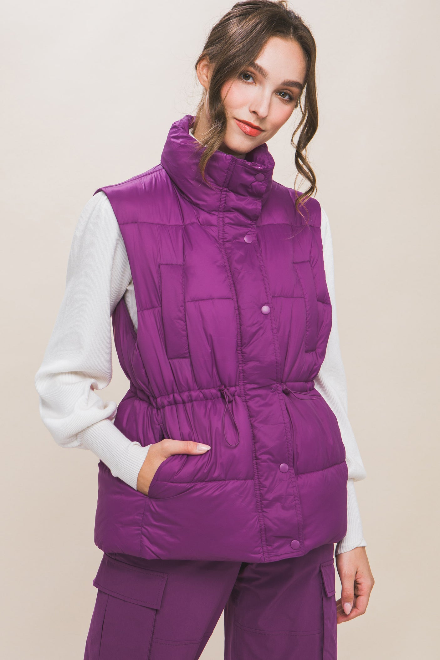 Zip Up Button Puffer Vest With Waist Toggles king-general-store-5710.myshopify.com