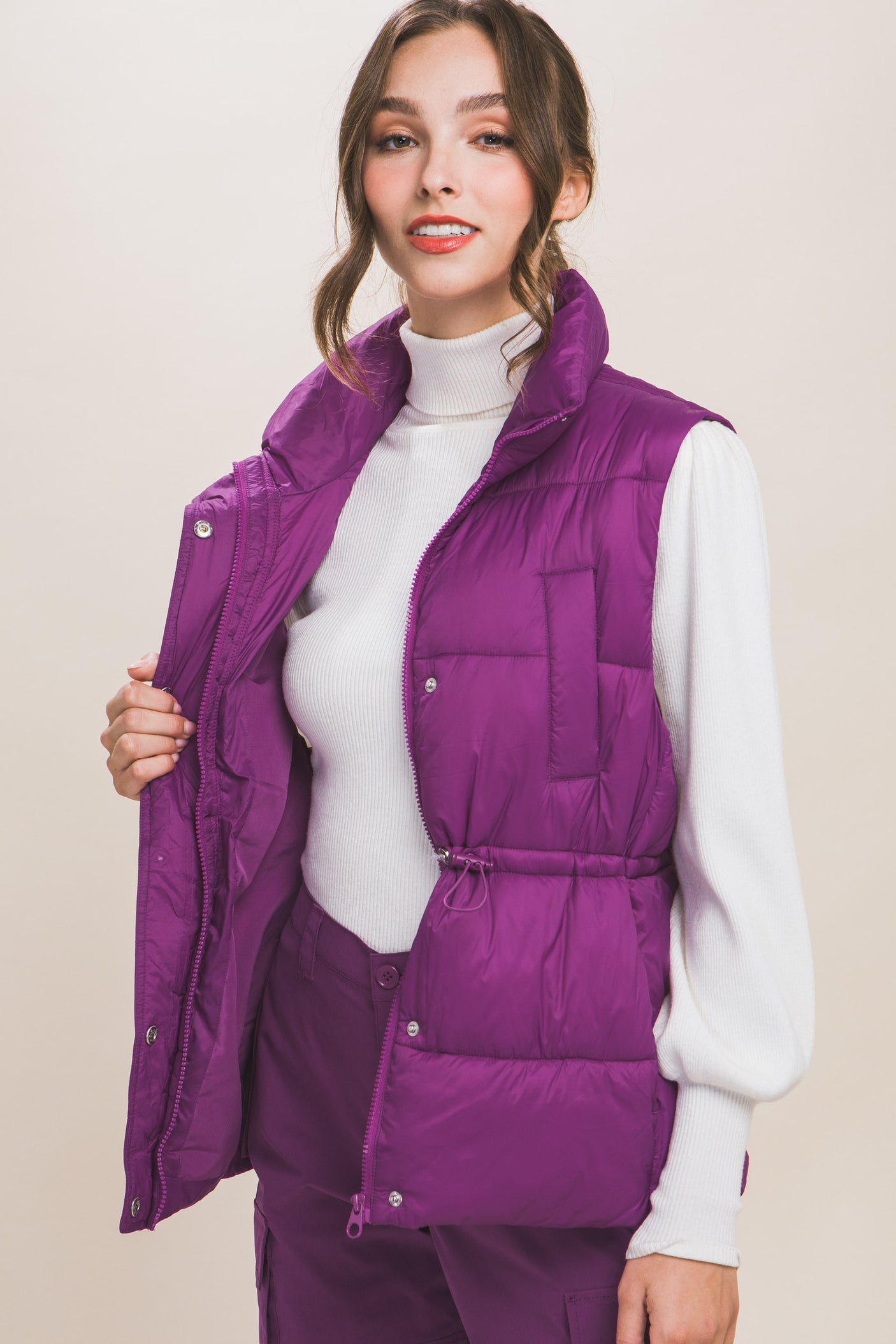 Zip Up Button Puffer Vest With Waist Toggles king-general-store-5710.myshopify.com