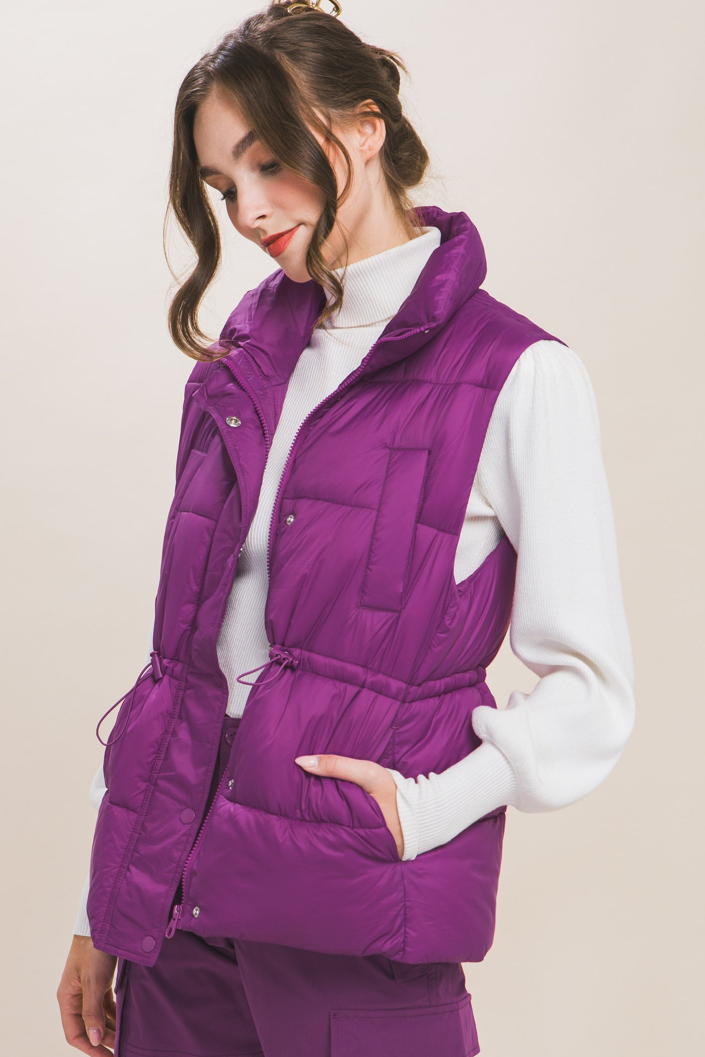 Zip Up Button Puffer Vest With Waist Toggles king-general-store-5710.myshopify.com