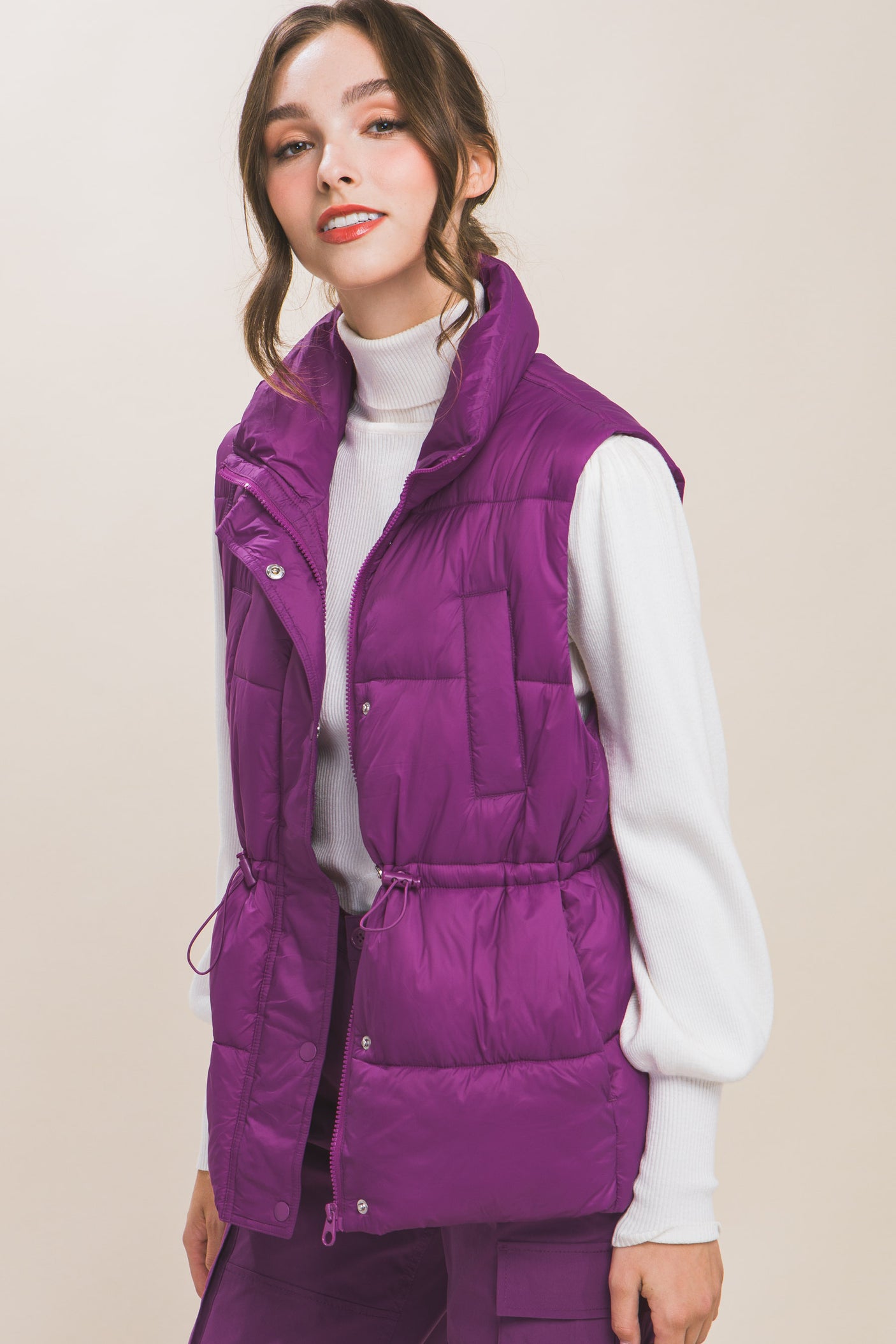 Zip Up Button Puffer Vest With Waist Toggles king-general-store-5710.myshopify.com