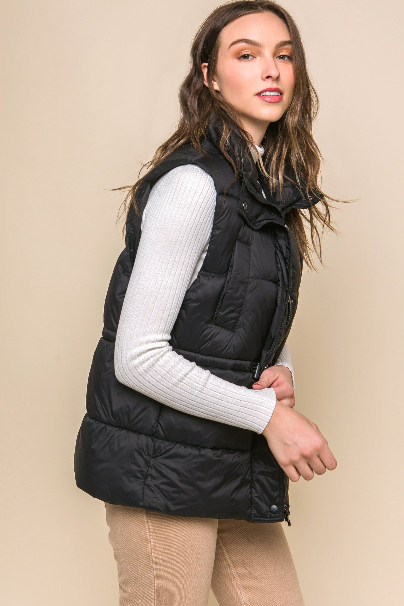 Zip Up Button Puffer Vest With Waist Toggles king-general-store-5710.myshopify.com