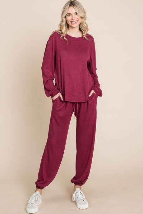 Two Tone Solid Warm And Soft Hacci Brush Loungewear Set king-general-store-5710.myshopify.com