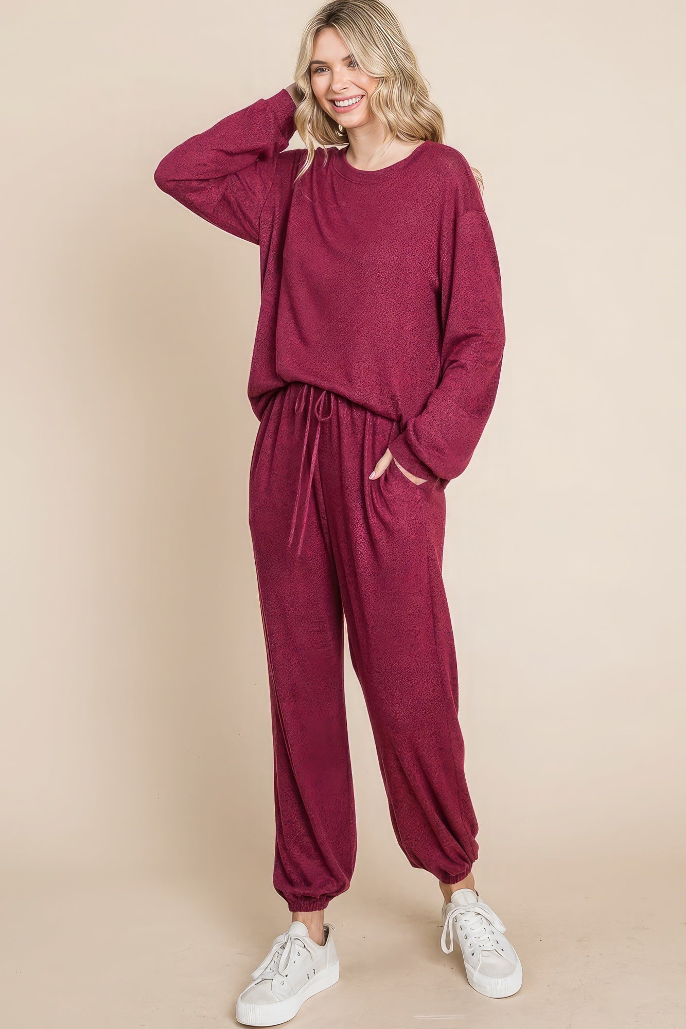 Two Tone Solid Warm And Soft Hacci Brush Loungewear Set king-general-store-5710.myshopify.com