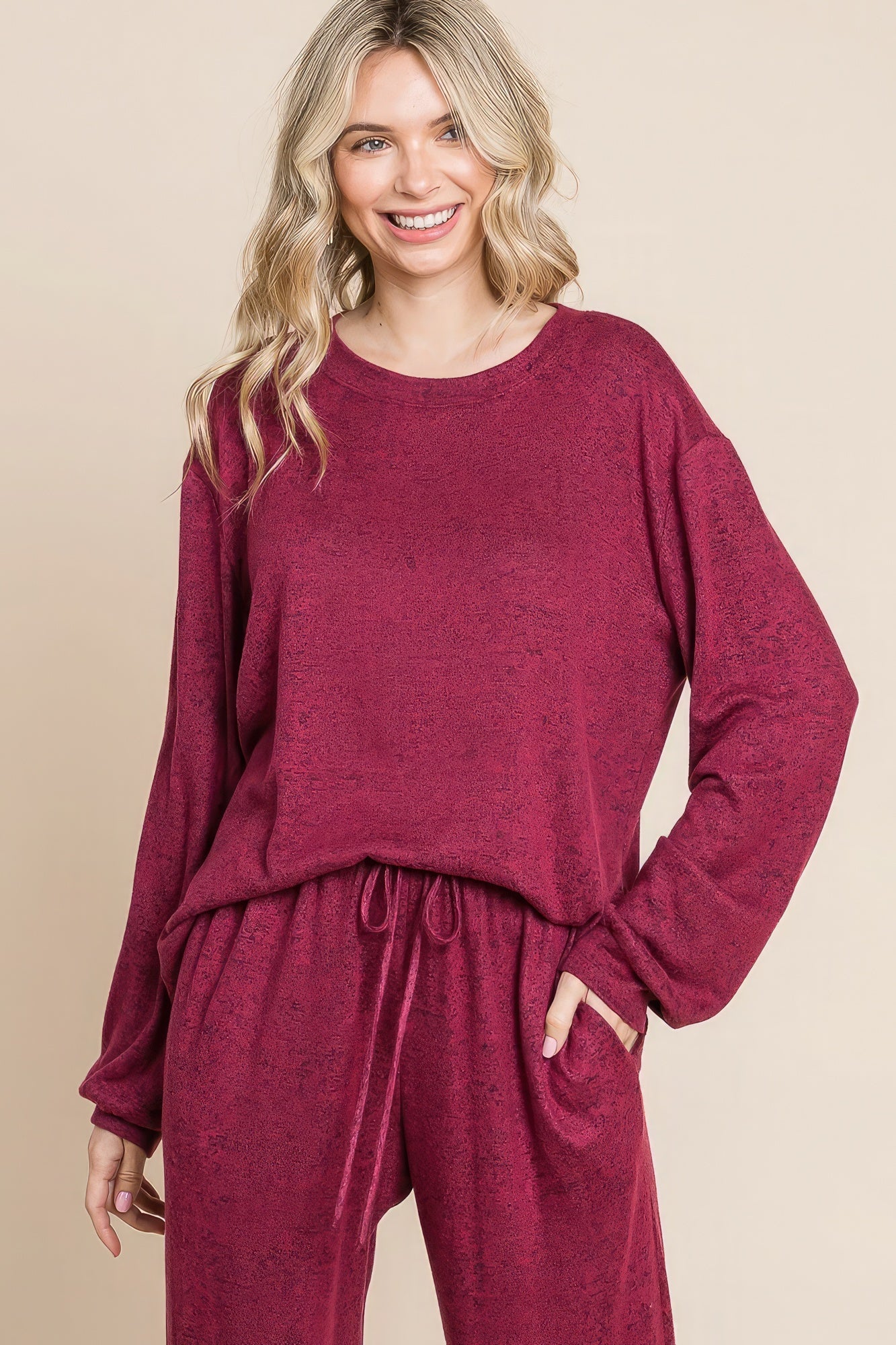 Two Tone Solid Warm And Soft Hacci Brush Loungewear Set king-general-store-5710.myshopify.com