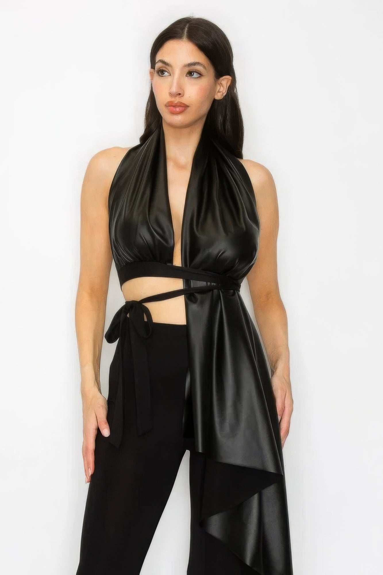 Black Faux Leather Top Pants Set