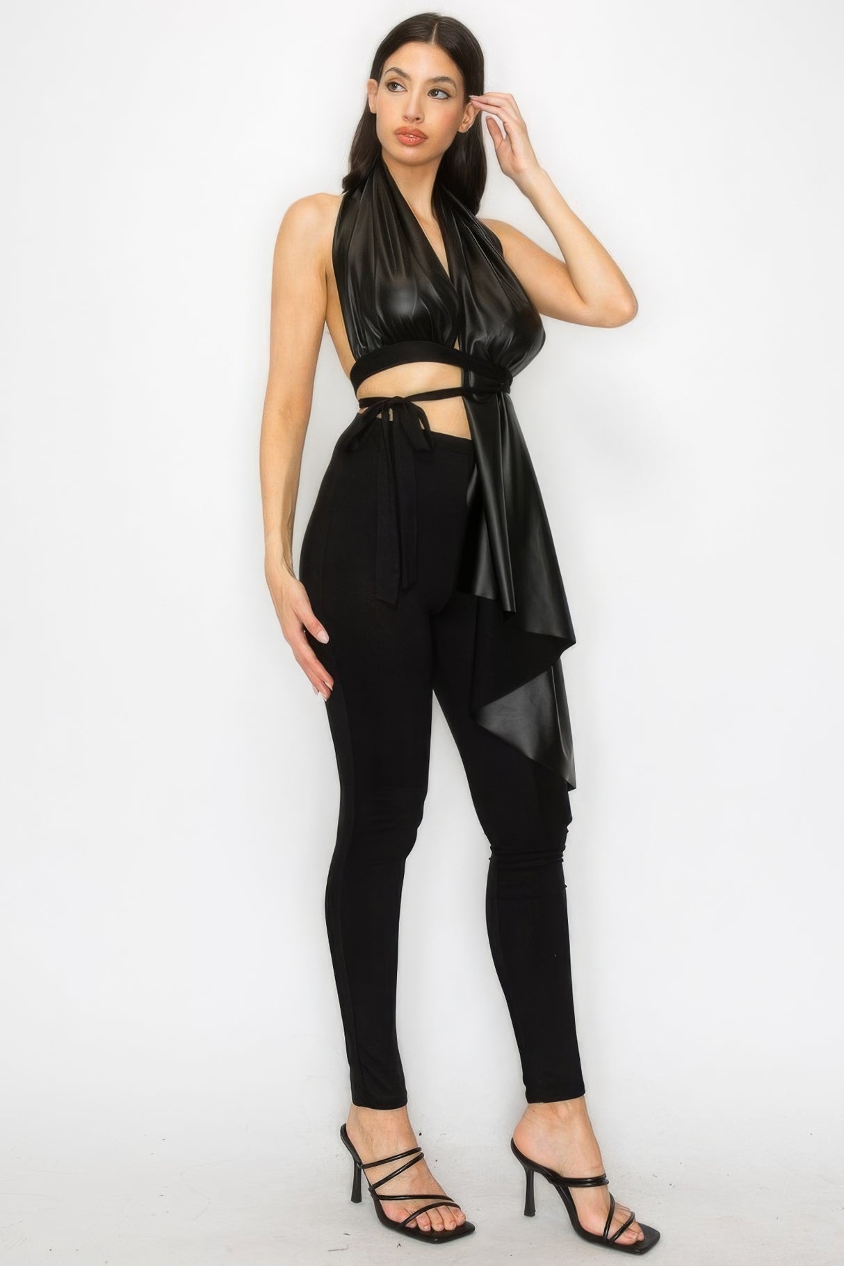 Black Faux Leather Top Pants Set