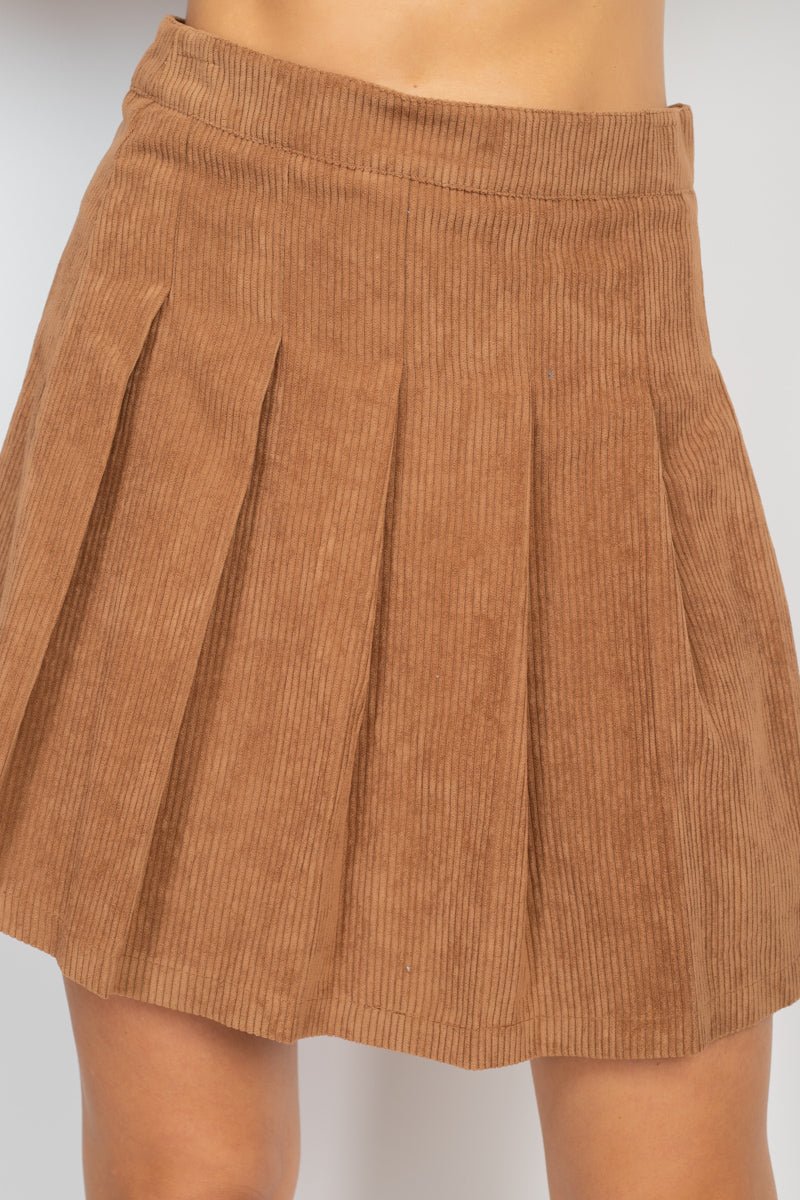 A-line Corduroy Pleated Mini Skirt Brown - Kings Crown Jewel Boutique