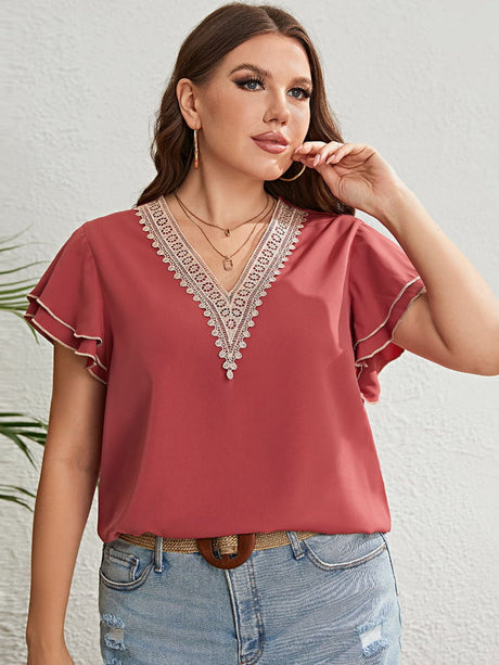 Plus Size Contrast V-Neck Layered Flutter Sleeve Blouse king-general-store-5710.myshopify.com