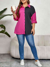 Plus Size Contrast Color Roll-Tap Sleeve Shirt king-general-store-5710.myshopify.com