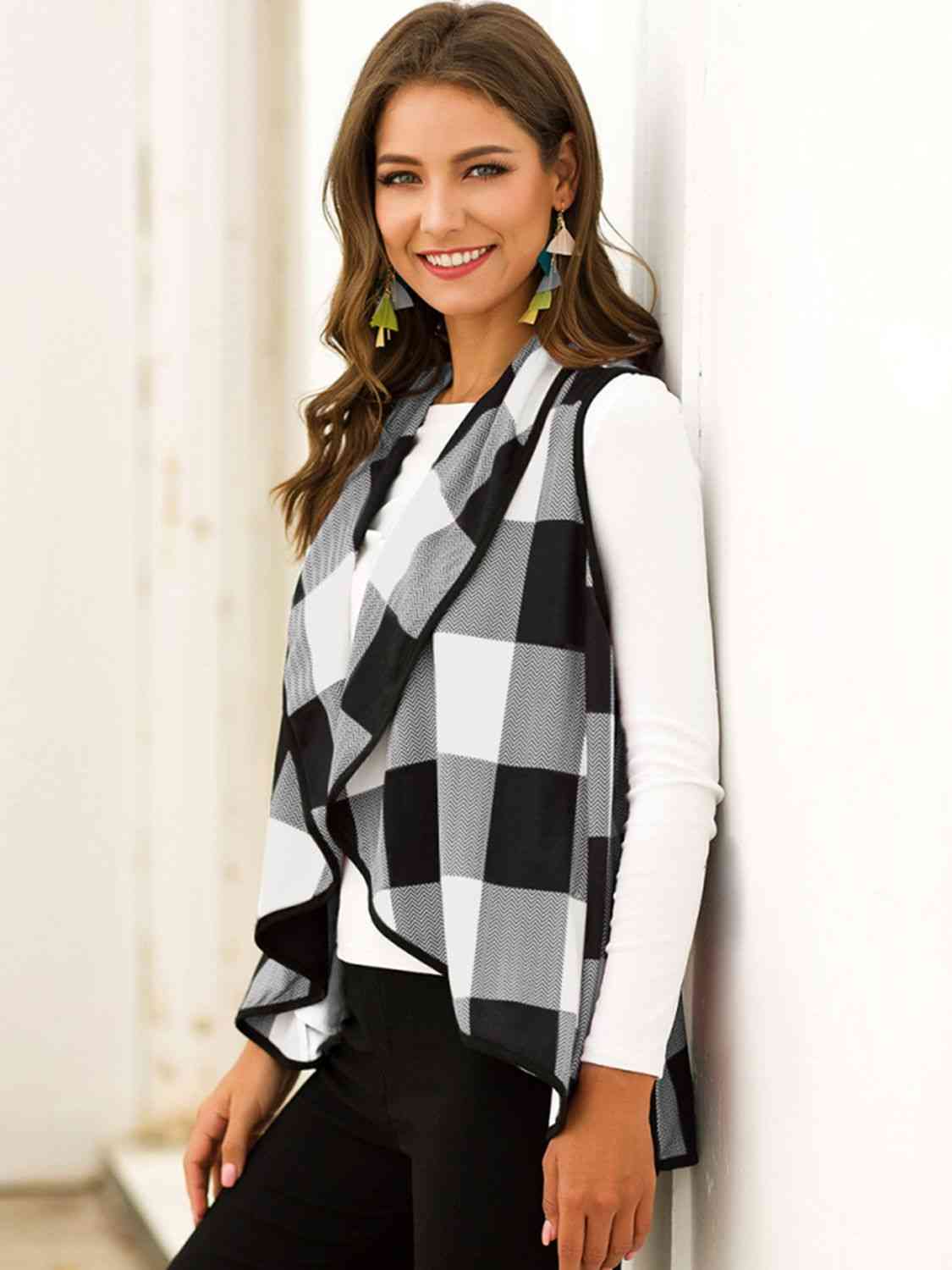 Plaid Open Front Sleeveless Cardigan king-general-store-5710.myshopify.com