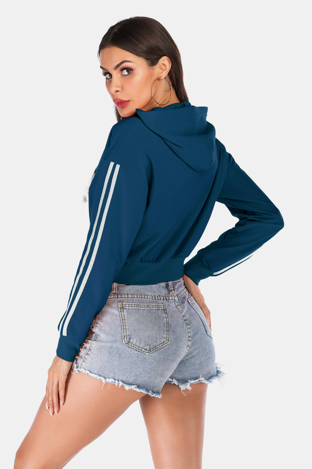 Side Stripe Drawstring Cropped Hooded Jacket king-general-store-5710.myshopify.com