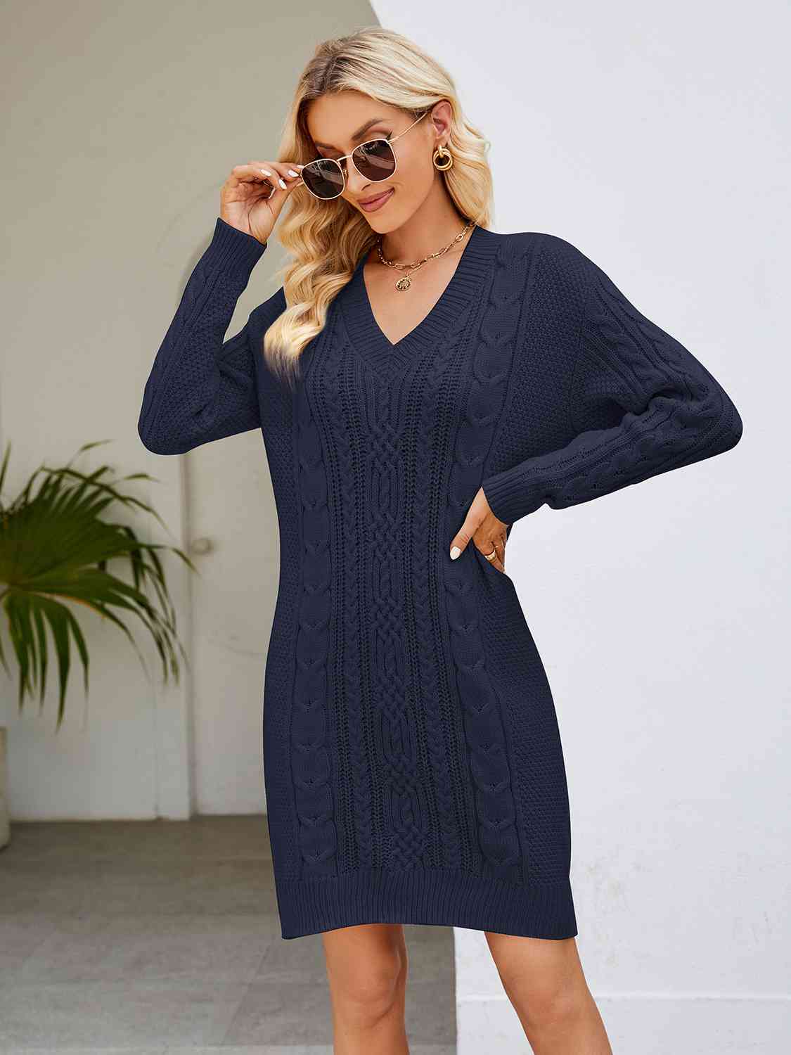 Cable-Knit V-Neck Mini Sweater Dress king-general-store-5710.myshopify.com