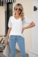 Eyelet Puff Sleeve V-Neck Top king-general-store-5710.myshopify.com