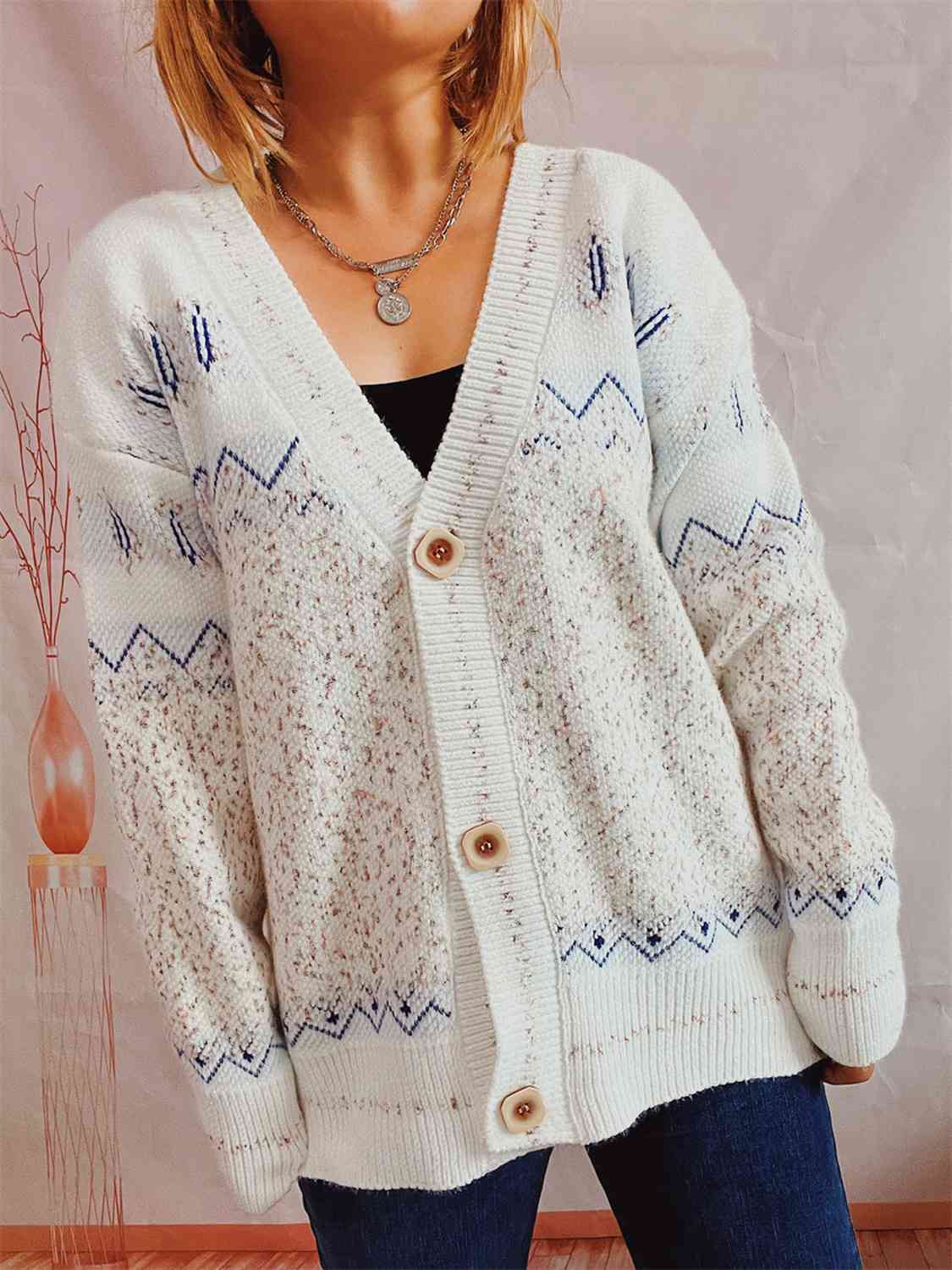 Geometric Button Front Long Sleeve Cardigan king-general-store-5710.myshopify.com