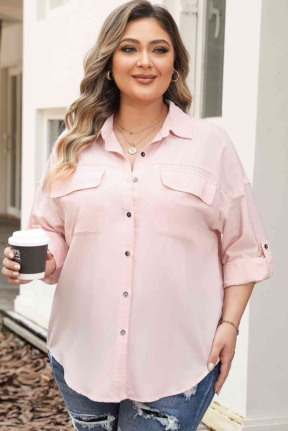 Plus Size Collared Neck Button Front Long Sleeve Shirt king-general-store-5710.myshopify.com